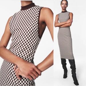 Zara Brown and White Checkered Midi Dress